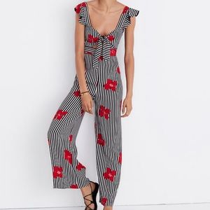 Madewell Black & White Striped Jumpsuit with Red Floral Print